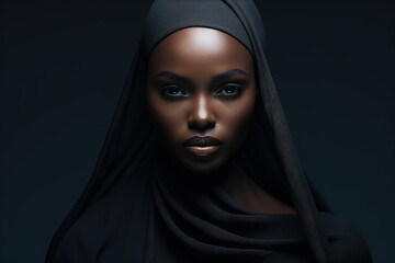 Fototapeta na wymiar Beautiful serious confident african american woman in black hijab headscarf looking at camera, low key portrait