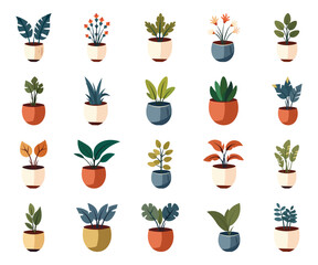 Plant vector illustration flat icon set on white background. Contains like trendy home decor with plant, urban jungle, houseplant, flowerpot, green garden floral and tropical leaves on pot.