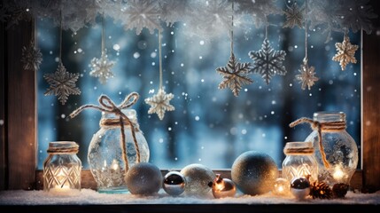 window sill Christmas decorated with strings of twinkling lights and hanging snowflake ornaments - obrazy, fototapety, plakaty