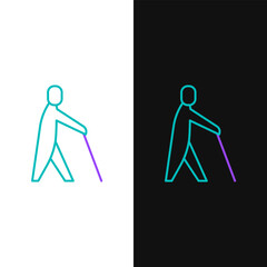 Line Blind human holding stick icon isolated on white and black background. Disabled human with blindness. Colorful outline concept. Vector