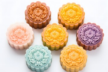 Mooncake setting - Round shaped Chinese traditional pastry. Mid-Autumn Festival concept