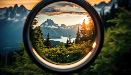 A camera lens becomes a portal, allowing viewers to glimpse landscapes and picturesque scene