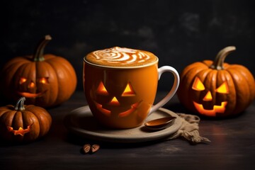 Halloween pumpkin latte in bright orange cup