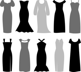 Set of modern monochromatic long dress shapes