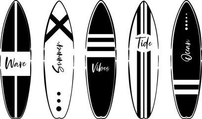 Set of modern retro black and white surf boards