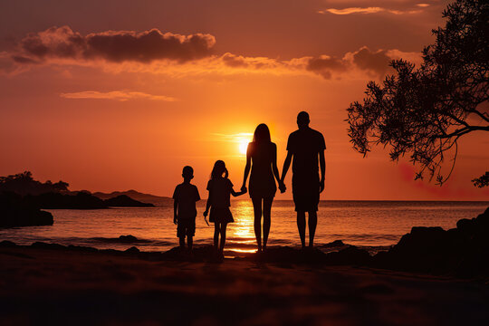a silhouette photo of a lovely family on the beach. parents and their kids looking at the seawater on an island from the back view. hot summer weather vacation. sunset in evening
