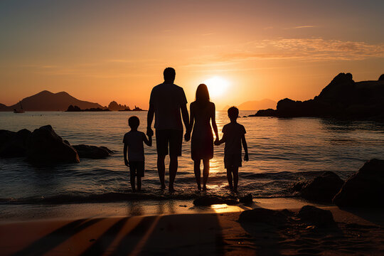 a silhouette photo of a lovely family on the beach. parents and their kids looking at the seawater on an island from the back view. hot summer weather vacation. sunset in evening