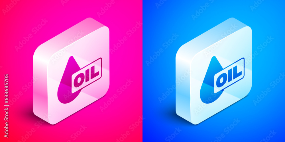 Poster isometric oil drop icon isolated on pink and blue background. silver square button. vector