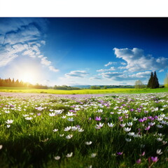 beautiful colorful flowers on wild field at morning drops of dew and sun beam light