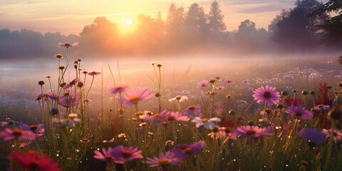 beautiful colorful flowers on wild field at morning drops of dew and sun beam light