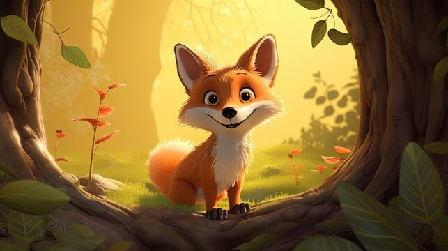  a cartoon fox sitting in a forest looking at the camera.  generative ai