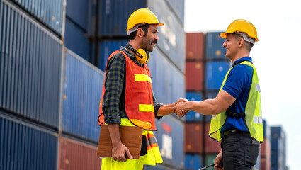 Professional engineer container cargo foreman in helmets working standing and using walkie talkie checking stock into container for loading.logistic transport and business industry export