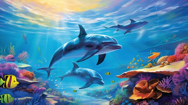  a painting of two dolphins swimming in a sea with corals.  generative ai