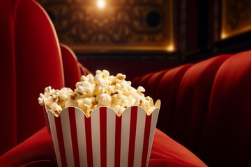 Pop corn sitting inside of movie theatre. Bokeh light background. Cinema concept