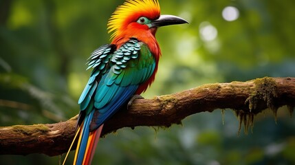 Fototapeta premium a colorful bird perched on a branch in a tree branch. generative ai