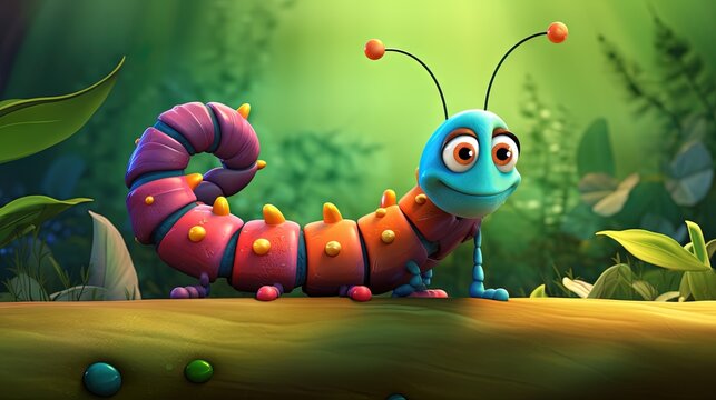  a colorful caterpillar standing on a log in a forest.  generative ai