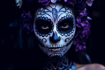 Naklejka premium Portrait of woman with traditional la muerte makeup . Mexican festival Dia de los Muertos. Halloween