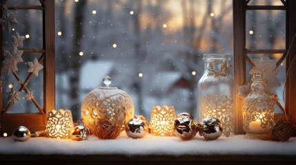  window sill Christmas decorated with strings of twinkling lights and hanging snowflake ornaments