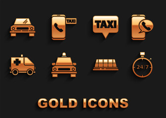 Set Taxi car, call telephone service, Stopwatch 24 hours, roof, Ambulance and emergency, Map pointer with taxi, Car and icon. Vector
