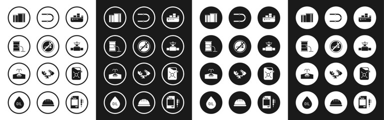 Set Oil tanker ship, No Smoking, Barrel oil leak, industrial factory building, Industry pipe and valve, Canister for motor and Oilfield icon. Vector