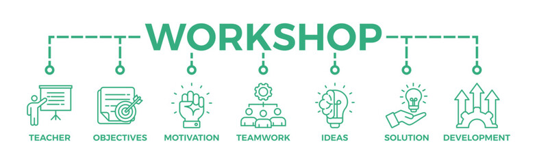 Workshop banner web icon vector illustration concept with icon of teacher, objectives, motivation, teamwork, ideas, solution, and development	