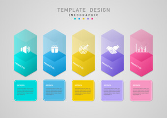 3d business infographic template Multi colored bar graph transparent top There is an icon inside Below are multi-colored square frames and letters in the middle on a gray gradient background.