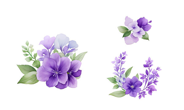 Blue Watercolor leaves and flowers floral arrangement set, Generative AI