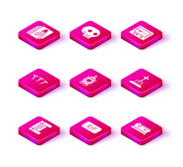 Set Decree, parchment, scroll, Speech bubble rip death, Metallic nails, Funeral urn, Coffin with dead, Grave cross, Beat monitor and Skull icon. Vector