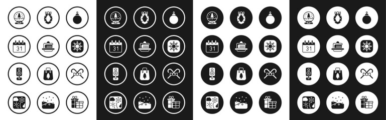 Set Christmas ball, Cake, Calendar, snow globe, Snowflake, wreath, candy cane and Stereo speaker icon. Vector
