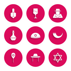 Set Jewish kippah, Orthodox jewish hat, Star of David, Traditional ram horn, shofar, Balloon with star david, wine bottle, and Hanukkah dreidel icon. Vector