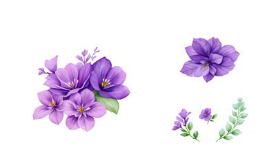 Blue Watercolor leaves and flowers floral arrangement set, Generative AI