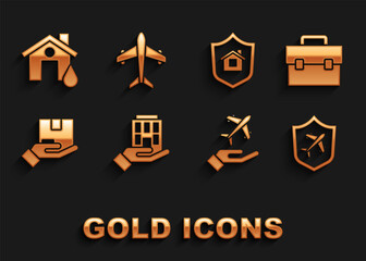 Set House in hand, Briefcase, Plane with shield, Delivery insurance, flood and icon. Vector