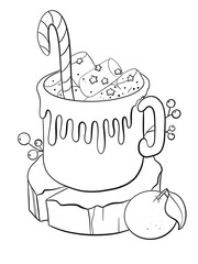 contour line illustration hot drink menu new year cocoa with marshmallow sketch cartoon style design element for printing packaging sticker or coloring book