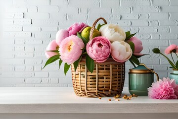 beautiful bouquet of tulips in whicker basket generated by AI tool                               
