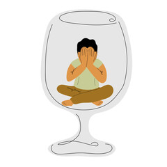 Male Alcohol addiction. Depressed man suffering from alcoholism. Unhappy man sitting in wine glass. Vector illustration