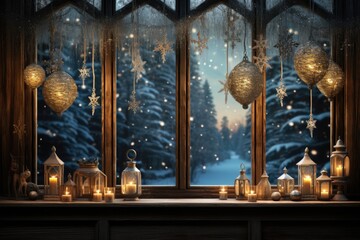  window sill Christmas decorated with strings of twinkling lights and hanging snowflake ornaments