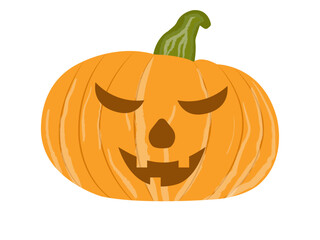 Jack o lantern icon orange halloween pumpkin with evil face and smile isolated on transparent and white background. Autumn isolated closeup element for design. Festive vector illustration in cartoon 