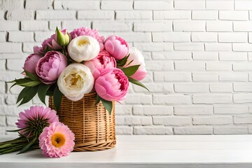 bouquet of tulips in a wicker basket generated by AI tool                               
