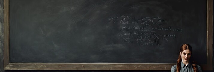 Caucasian woman teacher or student standing in front of the blackboard shows the place for the text. Banner. Created with Generative AI technology.