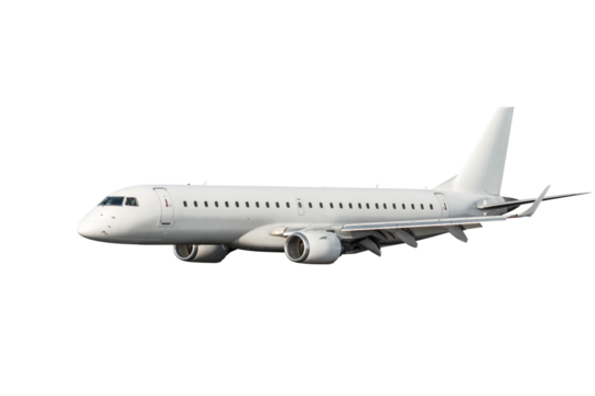 White passenger jet plane flies isolated