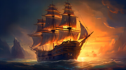 Fototapeta premium Ship sailing on the sea at the dusk 