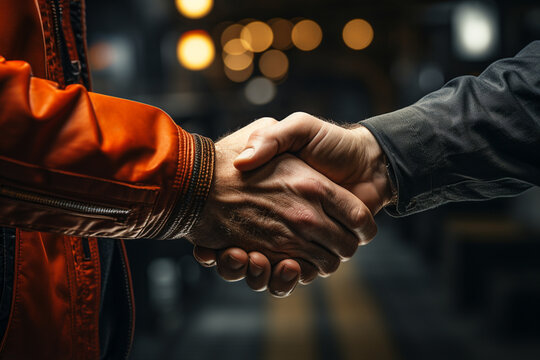 Trust forged Mechanic and client exchange handshake, affirming successful garage repair experience Generative AI