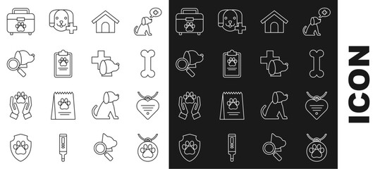 Set line Collar with name tag, and heart, Dog bone, house, Clipboard medical clinical record pet, Veterinary symbol, Pet first aid kit and icon. Vector