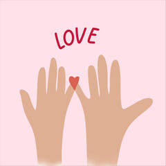 Hands holding hearts on fingertips with Love quote, Vector illustration. Printable vector banner, greeting card, poster, invitation