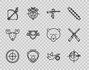 Set line Target sport for shooting competition, Hunt duck with crosshairs, Gun, Bear head shield, Bow and fire arrow, Deer antlers, and Two crossed shotguns icon. Vector - obrazy, fototapety, plakaty