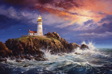 Lighthouse In the middle of the sea. Lighthouse on the seashore. Lighthouse on the rocky coast. Lighthouse on the rocks. Night. Blue Starry sky. Sea waves. Calm sea. Seascape. Landscape. Vector art - obrazy, fototapety, plakaty