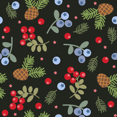 Vector seamless pattern with cranberries, blueberries and pine cones - 633690541