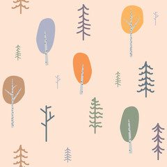 Vector seamless forest pattern, autumn trees  - 633690551