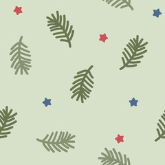 Vector seamless pattern with Christmas tree branches and stars