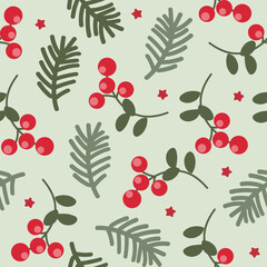Vector seamless pattern with cranberries and pine branches